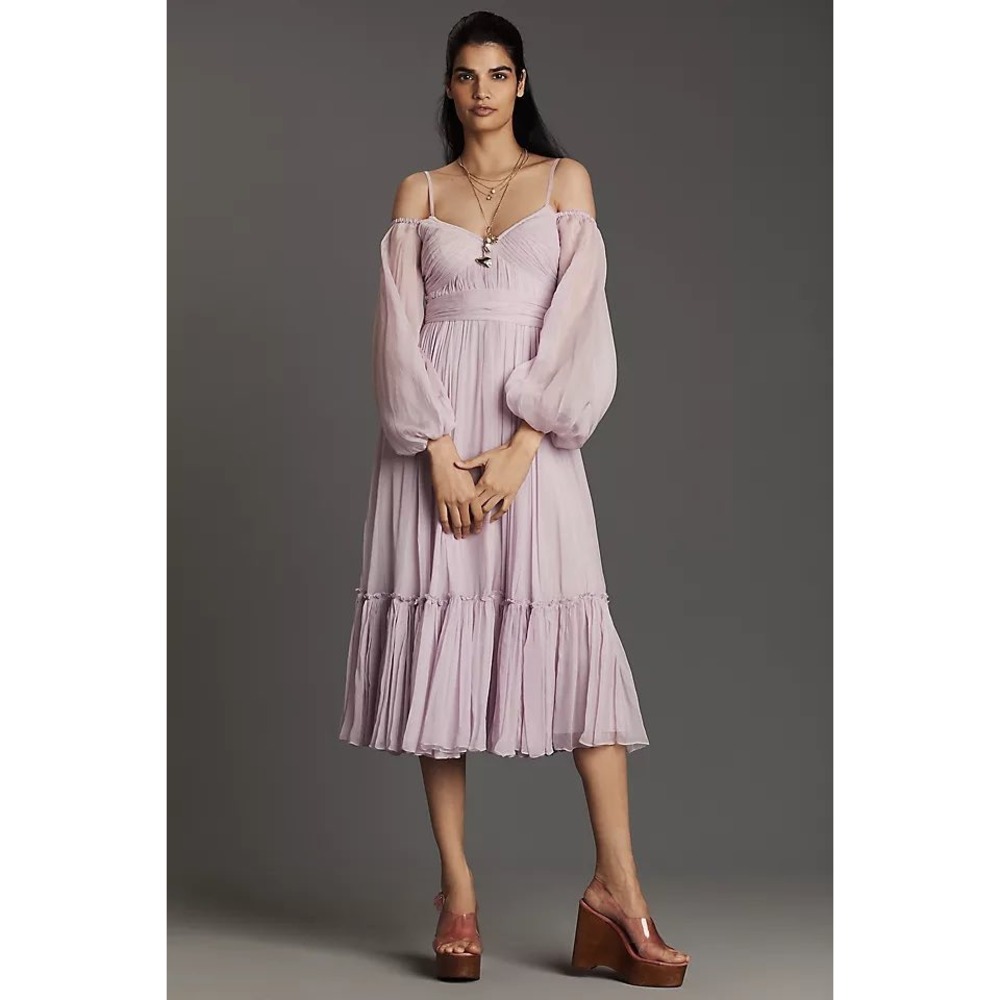 Geisha Designs Anthropologie Lilac Cold Shoulder Pleated Midi Dress Large